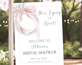 She's Tying the Knot Blush Bridal Shower Welcome Sign Template, Pink Bow Ring Bridal Shower Sign, Coquette Editable Bridal Shower Poster