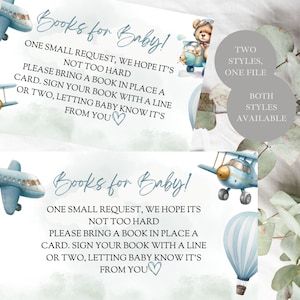 Livros para inserção de cartão de chá de bebê, livros de chá de bebê de menino de avião para cartão de bebê, livros vintage de balão de ar quente azul para modelo de cartão de bebê,