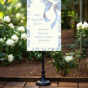 She's Tying the Knot Blue Bridal Shower Welcome Sign Template, Blue Bow Floral Bridal Shower Sign, Wedding Shower Poster with Blue Flowers