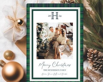 Green Plaid Initial Monogram Christmas Photo Card (Digital Download)