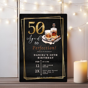 Faire-part 50e anniversaire vieilli à la perfection, modèle d'invitation 50e anniversaire whisky et cigare, Faire-part 50e anniversaire sur le thème du cigare