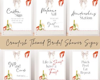 May include: A collection of white signs with a crawfish theme for a bridal shower. Each sign features watercolor illustrations of a bow, crawfish, champagne bottle, and glasses. Text on the signs includes "Custom Sign," "Welcome Y'all," and "Handwashing Station."