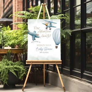 Airplane Baby Shower Welcome Sign Template, Hot Air Balloon Vintage Boy Baby Shower Sign, The Adventure Awaits Blue Shower Welcome Sign