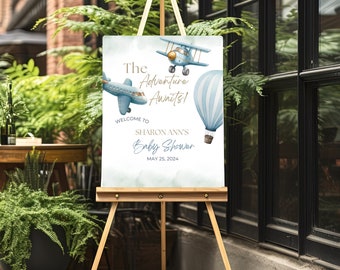 Airplane Baby Shower Welcome Sign Template, Hot Air Balloon Vintage Boy Baby Shower Sign, The Adventure Awaits Blue Shower Welcome Sign