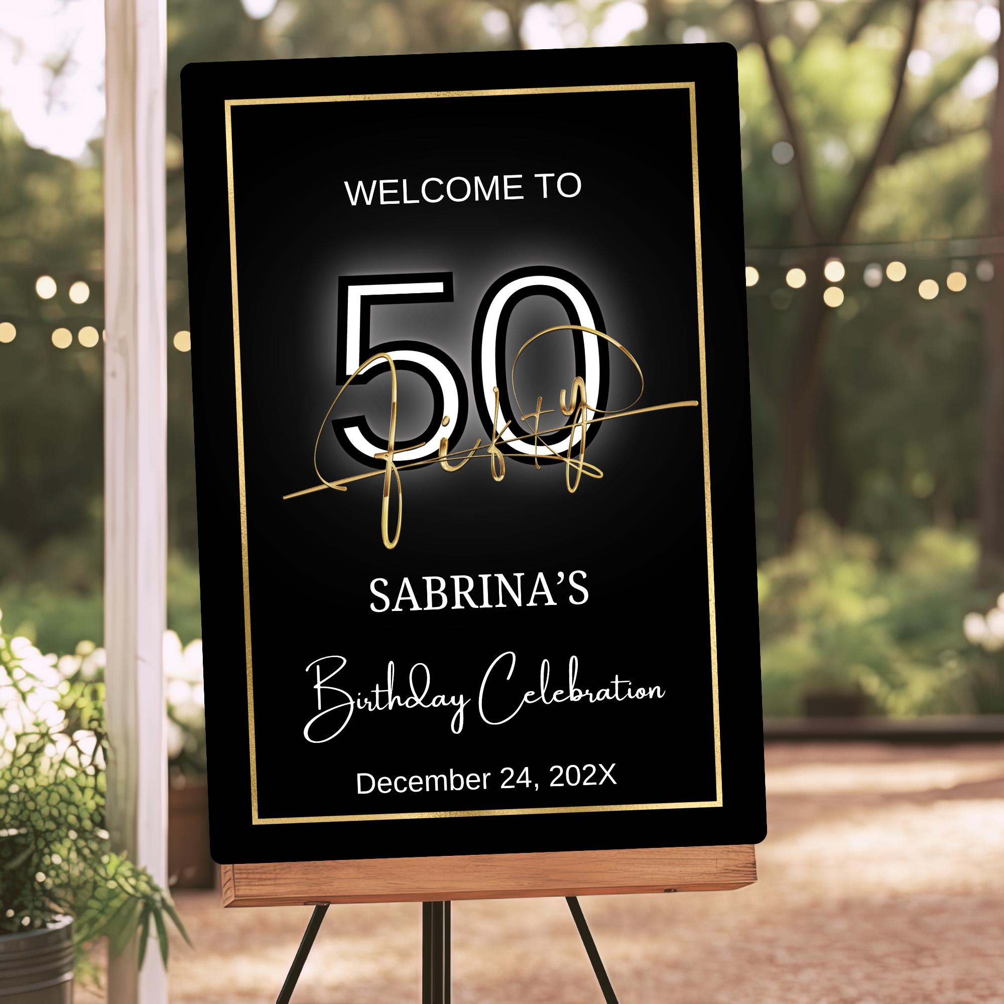50th Script 50th Birthday Welcome Sign: Black & Gold, Modern Script (digital ...