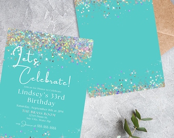 Editable Teal Glitter Birthday Invitation with Diamonds, Let's Celebrate Shimmer Sea Green Invitation, Fancy Turquoise Birthday Invitation