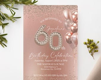 Invitación de 60 cumpleaños en oro rosa: Plantilla de fiesta brillante (descarga digital, Canva editable, tamaño vertical de 5x7)