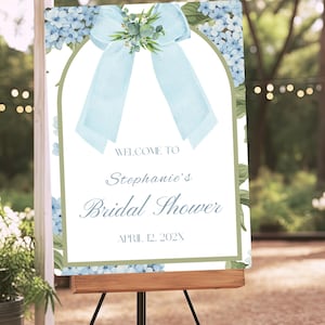 Blue Hydrangea Bridal Shower Welcome Sign Template, Wedding Shower Sign with Blue Flowers, Grandmillennial Blue Floral Bridal Shower Poster