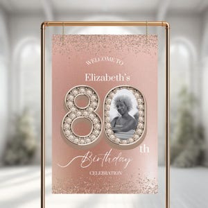 Puede incluir: Un letrero de cumpleaños en oro rosa con el texto "Bienvenida a la 80ª celebración de cumpleaños de Elizabeth". El número 80 está adornado con pedrería, y una foto de una mujer está en el cero. El letrero se muestra en un soporte dorado.
