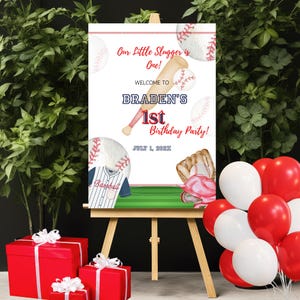 Cartello da baseball Little Slugger per bambini di 1 anno, modello di cartello di benvenuto personalizzato per compleanno a tema baseball, poster da baseball per festa di compleanno