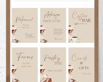 Könnte beinhalten: Satz von neun druckbaren Schildern für eine Bridal Shower oder Hochzeit. Die Schilder zeigen eine Kaffeetasse und Kaffeebohnen mit dem Text "Willkommen! Bitte tragen Sie sich in unser Gästebuch ein", "Ratschläge für die Braut", "Kaffeebar Liebe braut sich zusammen", "Geschenke Bitte nehmen Sie eins", "Gebäckbar Bedienen Sie sich", und "Karten & Geschenke Danke!"