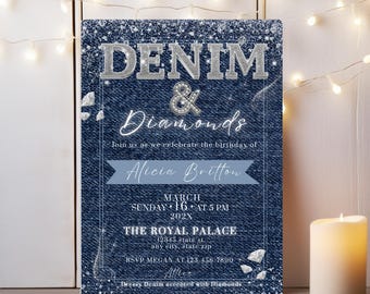 Aangepaste verjaardagsuitnodiging denim en diamanten, geklede denim verjaardagsuitnodiging, verjaardagsuitnodiging donkere jean print met glitters en diamanten