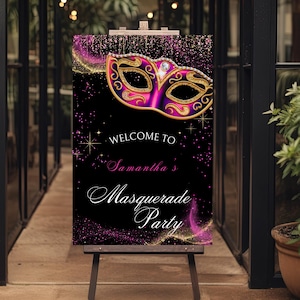 Masquerade Party Welcome Sign: Black, Red & Gold Mask (Canva Template - Digital Download)