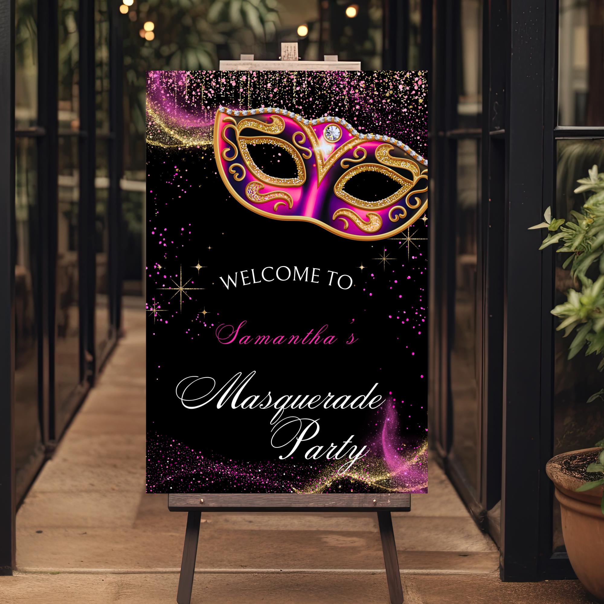 Masquerade Party Welcome Sign: Black Pink and Gold Mask (canva Template ...
