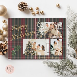 Tartan Burgund & Grün karierte glückliche Feiertags-Foto-Gruß-Karte, Feiertags-Foto-Karte, doppelseitige karierte Weihnachtskarten-Schablone mit Bild