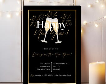 May include: Black New Year's invitation with gold accents. The design features champagne glasses, fireworks, and the text "Happy New Year!" and "Bring in the New Year!" with event details. A candle is in the background.