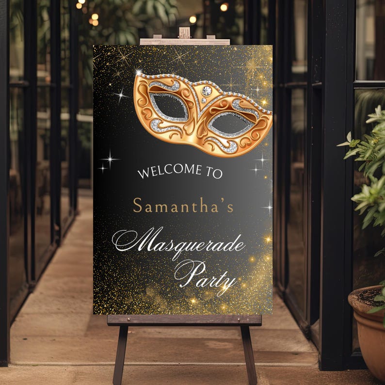Black and Gold Masquerade Party Welcome Sign: Editable Mardi Gras ...