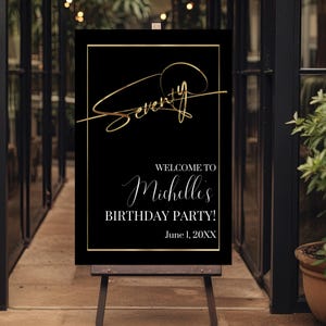 Cartel de bienvenida editable para 70 cumpleaños, póster moderno en negro y dorado para fiesta, plantilla de cartel con guion, descarga instantánea