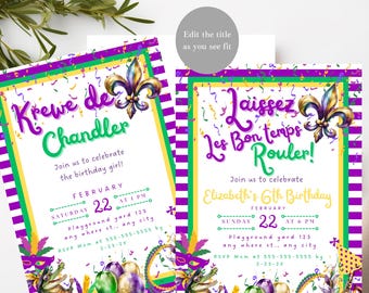 Mardi Gras Birthday Invitation Template: Carnival Stripe Design (Digital Download)