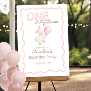 Modello personalizzato per cartello di benvenuto per il primo compleanno di One Silly Goose, cartello di compleanno a quadretti Silly Goose, poster di compleanno vintage Silly Goose per bambina