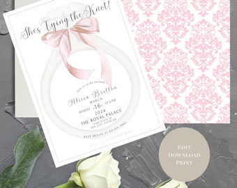 She's Tying the Knot Blush Bridal Shower Invitation Template, Pink Bow Bridal Shower Invite, Editable Diamond Ring Bridal Shower Invitation