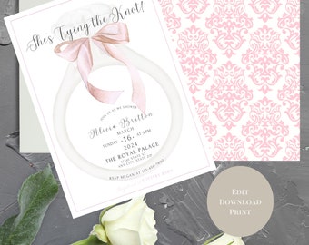 She's Tying the Knot Blush Bridal Shower Invitation Template Pink Bow Knot Bridal Shower Invite Pink Editable Ring Bridal Shower Invitation