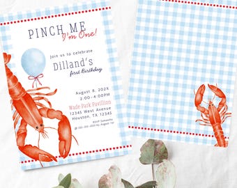 May include: Two light blue gingham birthday invitations with red dotted borders. One invitation features a watercolor lobster and a blue balloon. Text reads "PINCH ME I'm One!" and details for Dilland's first birthday.