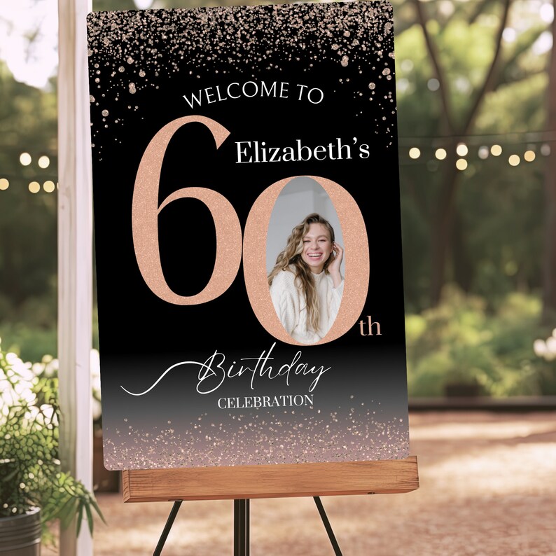 60th Birthday Welcome Sign: Black & Rose Gold Shimmer (digital Download ...