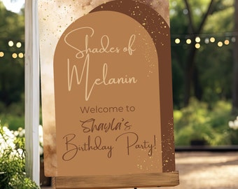 Letrero de bienvenida de cumpleaños "Tonos de Melanina", póster de fiesta "Tonos de Marrón", plantilla de letrero de bienvenida para fiesta "Tonos de Melanina", letrero dorado y marrón