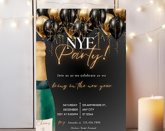 Puede incluir: Una invitación a una fiesta de Nochevieja en negro y dorado con una botella de champán y globos. El texto dice "NYE Party!" y "Únete a nosotros para celebrar la llegada del nuevo año". La invitación incluye la fecha, la hora y el lugar de la fiesta, así como el código de vestimenta.
