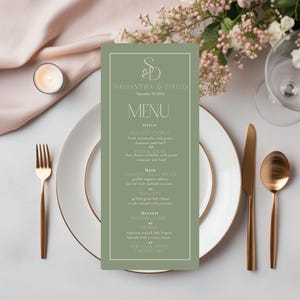 Modern Sage Green Monogram Wedding Menu Card Template, Classic Minimalist Wedding Reception Menu, Classy Sage Printable Menu with Initials