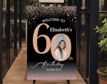 60th Birthday Welcome Sign: Black & Rose Gold Shimmer (Digital Download)
