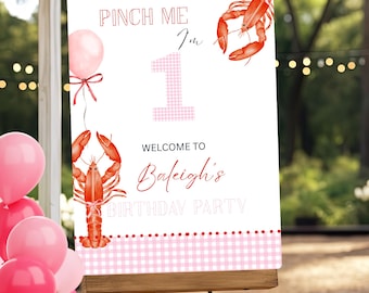 Pink Gingham Crawfish Birthday Welcome Sign: Coquette Party Decor (Digital Download), Crawfish 1st Birthday, Pinch Me First Birthday Sign