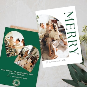 Bewerkbare groene minimalistische kerstfotokaart, groene MERRY familiefotokaart, moderne kerstkaart met foto's en booglijst