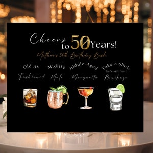 Menu de boissons modifiable vieilli à la perfection 10 x 8, panneau de menu de boissons noir et or, menu de bar de mariage ou d'anniversaire, panneau de bar modifiable 50e anniversaire
