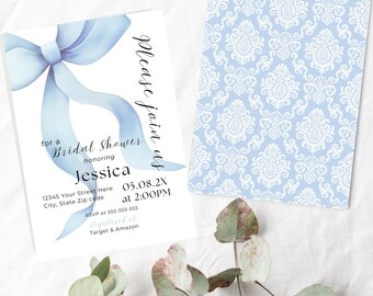 Blue Bow Bridal Shower Invitation Template: Damask Print (Digital Download), Something Blue Before I Do Invitation, Bow Bridal Shower Invite