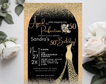 Aged to Perfection 50th Birthday Invitation for Lady, Black & Gold Fancy 50th Party Invite with Diamonds, Gold and Black Sparkle 50th Invite