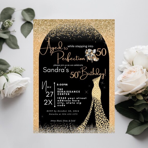 Aged to Perfection 50th Birthday Invitation for Lady, Black & Gold Fancy 50th Party Invite with Diamonds, Gold and Black Sparkle 50th Invite
