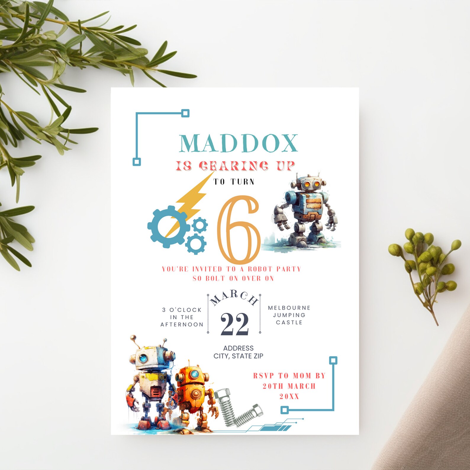 Robot Birthday Invitation, Vintage Robot Template, Bolt-on Over Robot ...