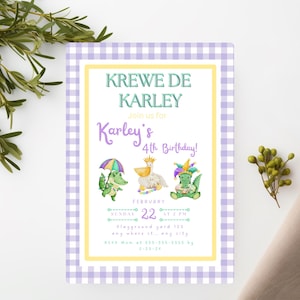 Preppy Kid’s Mardi Gras Birthday Invitation Template, Gingham Mardi Gras Birthday Invitation, Mardi Gras Birthday Invite with Baby Alligator
