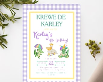 May include: Purple and yellow gingham patterned invitation for a 4th birthday party. The invitation says "Krewe de Karley" and "Karley's 4th Birthday!" with a date and time of February 22nd at 2 PM. The invitation also includes a location and RSVP information.