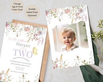May include: A floral-themed birthday invitation for a girl turning two. The invitation features a watercolor illustration of flowers and a butterfly, with the text "Our Little Wildflower Harper is turning TWO". The invitation also includes the date, time, and location of the party.