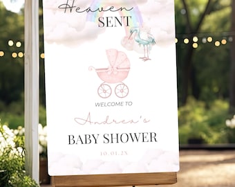 Editable Heaven Sent Baby Shower Welcome Sign, Rainbow Baby Shower Sign for Girl,  Stork Welcome Board, Heaven Sent Poster for Baby Shower