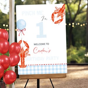 Pinch Me I&#39;m One Crawfish Birthday Sign, Preppy Blue Gingham Crawfish Boil Birthday Welcome Sign, Custom Crawfish Boil Sign for Boy in Blue