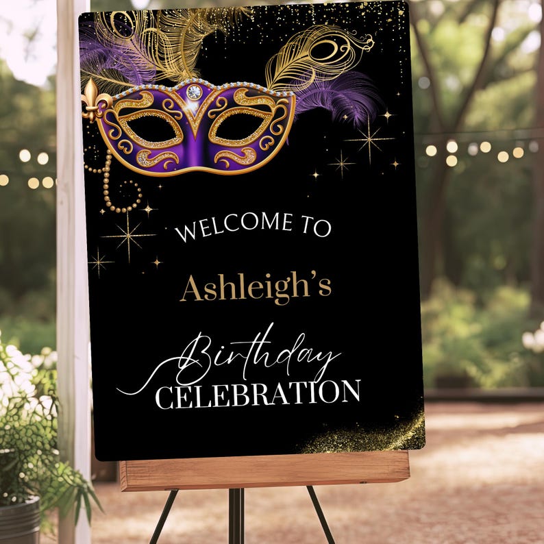 Editable Masquerade Party Welcome Sign: Purple, Gold & Black (digital ...