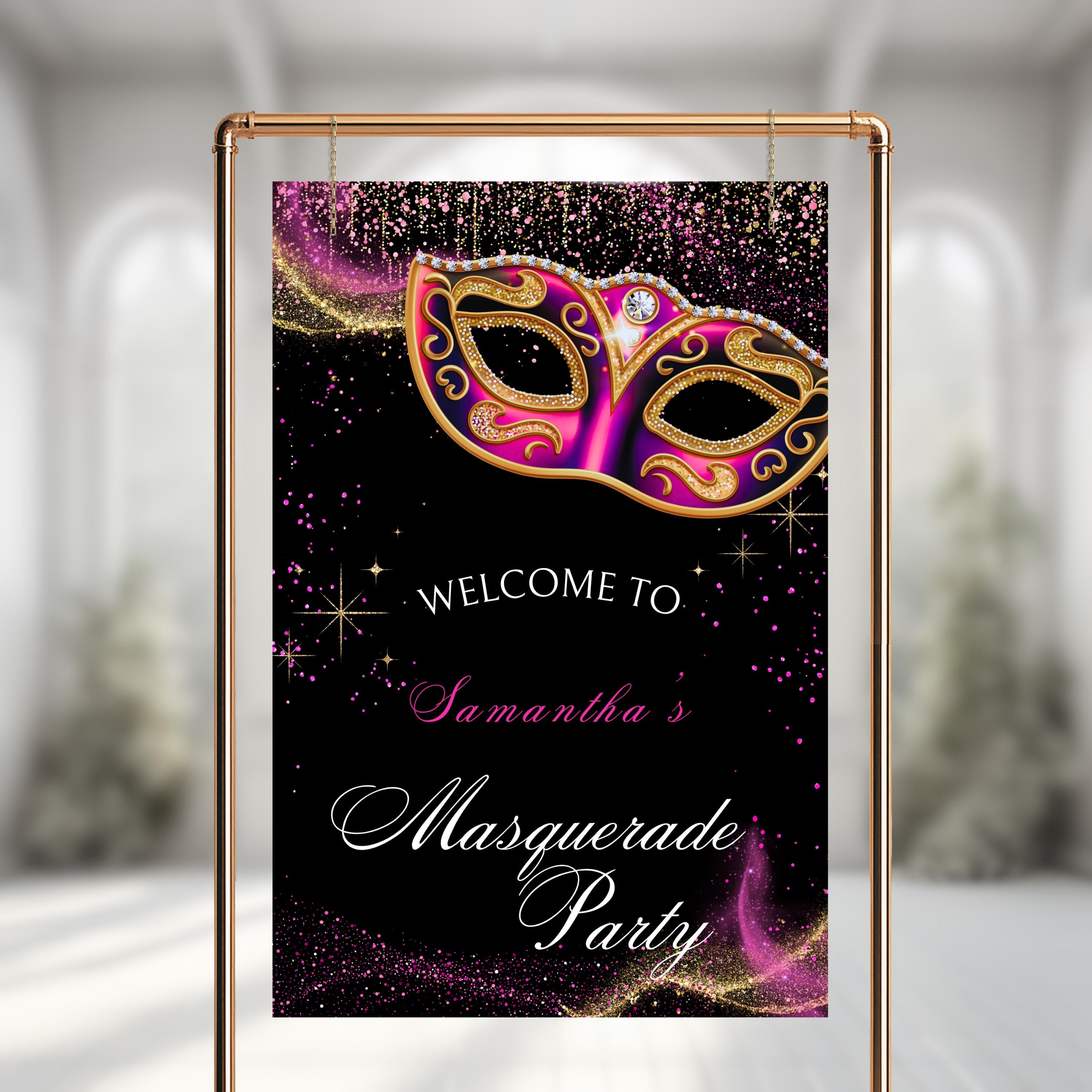 Masquerade Party Welcome Sign: Black Pink and Gold Mask (canva Template ...