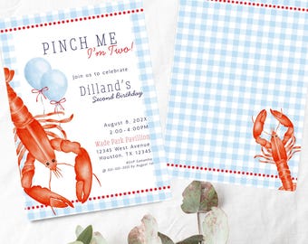 May include: Two-sided invitation with a blue gingham pattern and red dotted borders. The invitation features a watercolor illustration of a red lobster and text that reads "PINCH ME I'm Two!" and event details.