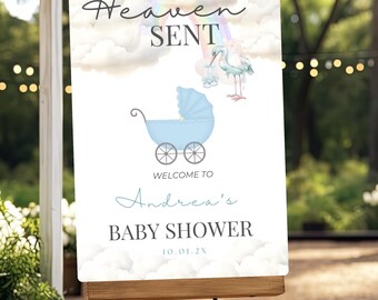 Editable Heaven Sent Baby Shower Welcome Sign, Rainbow Baby Shower Sign for Boy, Baby Stork Welcome Board, Sent from Heaven Sign