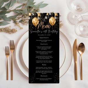Zwart en goud dinermenusjabloon met ballonnen, verjaardagsdinermenu met ballonnen, afdrukbaar dinermenu met zwart-gouden ballonnen.