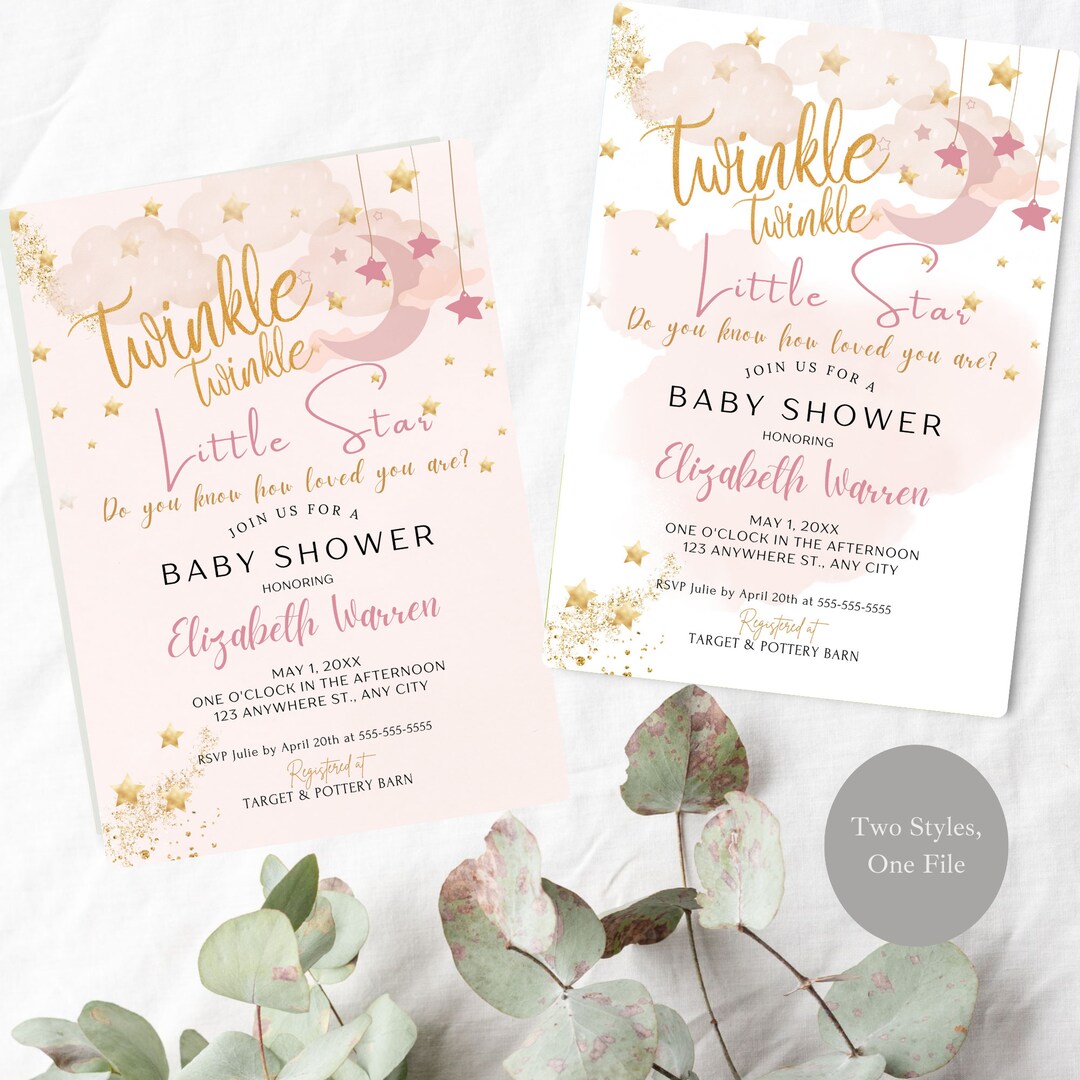 Editable Girl Twinkle Little Star Shower Invitation Template, Pink &amp; Gold Stars and Moon ...